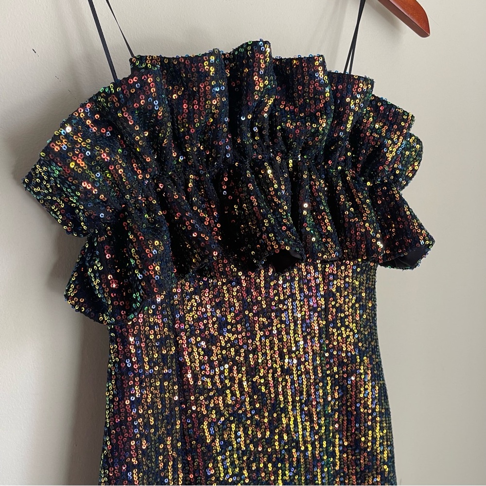 Strapless Sequin Ruffle Mini Dress - Black Multi